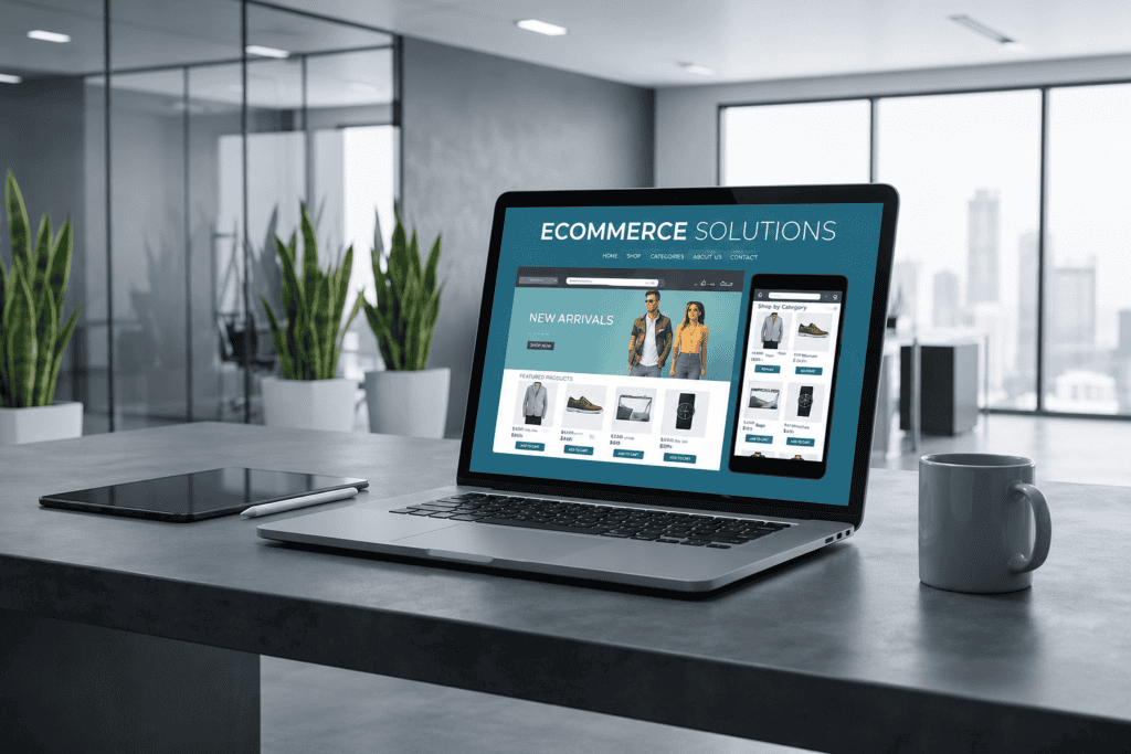 Modern_office_with_e-commerce_workspace- WordPress Developer Pakistan working on website design