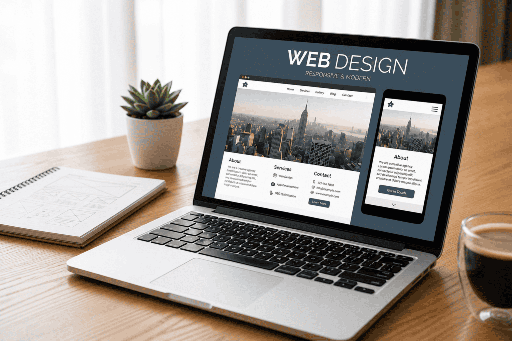 Modern-workspace with-web-design-mockup- WordPress Developer Pakistan working on website design