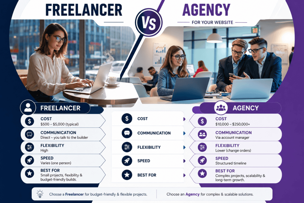 Freelancer vs agency for your website | Freelancer vs agency cost comparison 2026