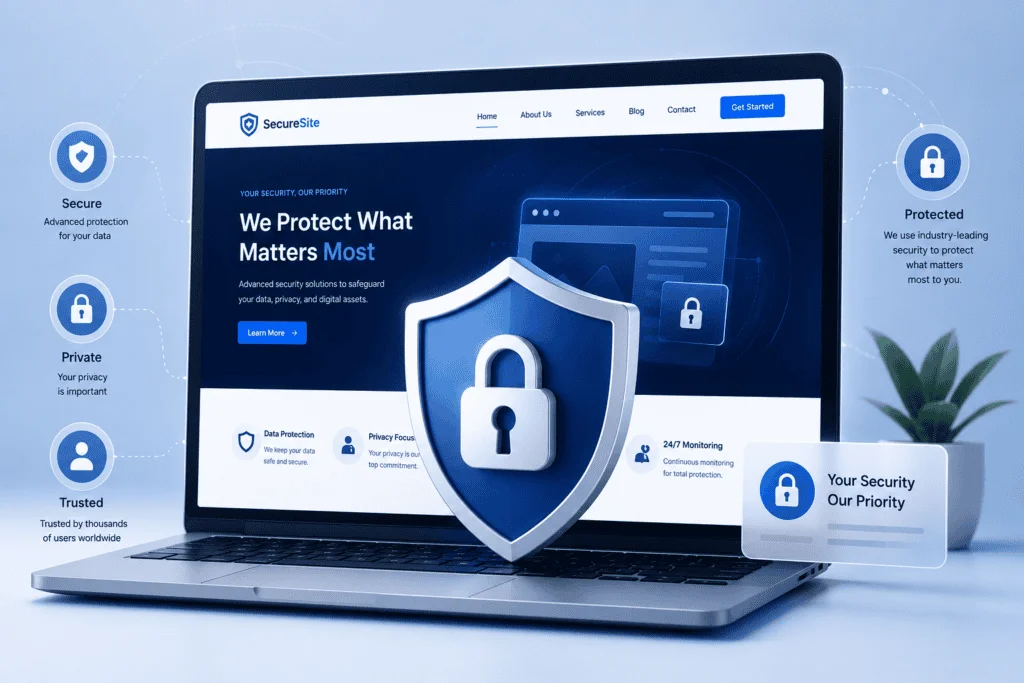 WordPress security Shieldlock icon over a website graphic Touseef Hussain Portfolio